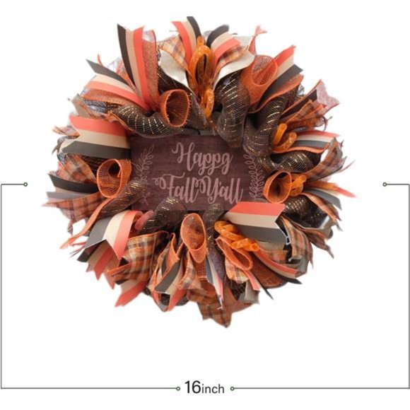 16 Inch Fall Mesh Deco Wreath, Happy Fall Wood Sign Ribbon Wreath Orange Wreath - Picture 5 of 6
